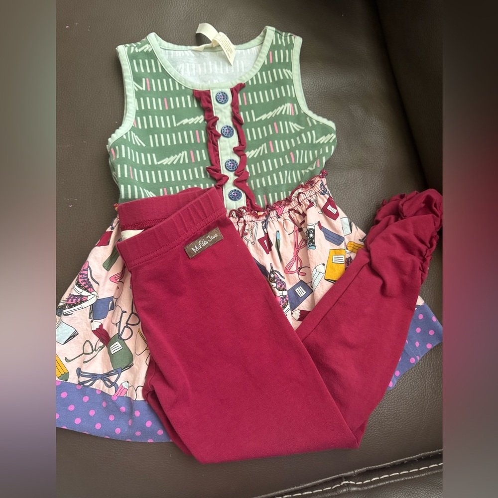 Girls' Colorful Dress and Red Leggings Set
